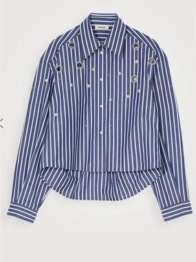 Sandro Blue and White Striped Embellished Button shirt